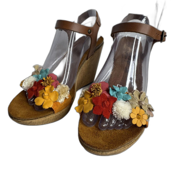 BioStep Floral Embellished detail cork Wedge heels leather size 8 boho chic girl - Picture 3 of 12